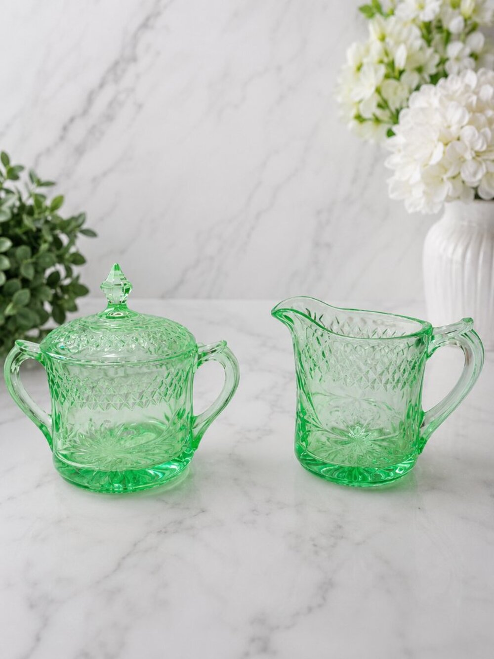 Antique US Glass Floral & Diamond Uranium Glass Sugar Bowl Cremer Set